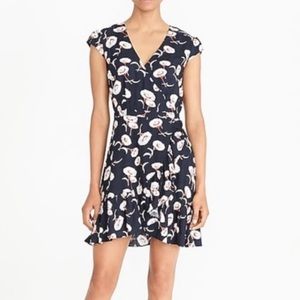 JCrew Merchantile Navy Pattern Ruffle Hem Faux Wrap Mini Dress Size 6